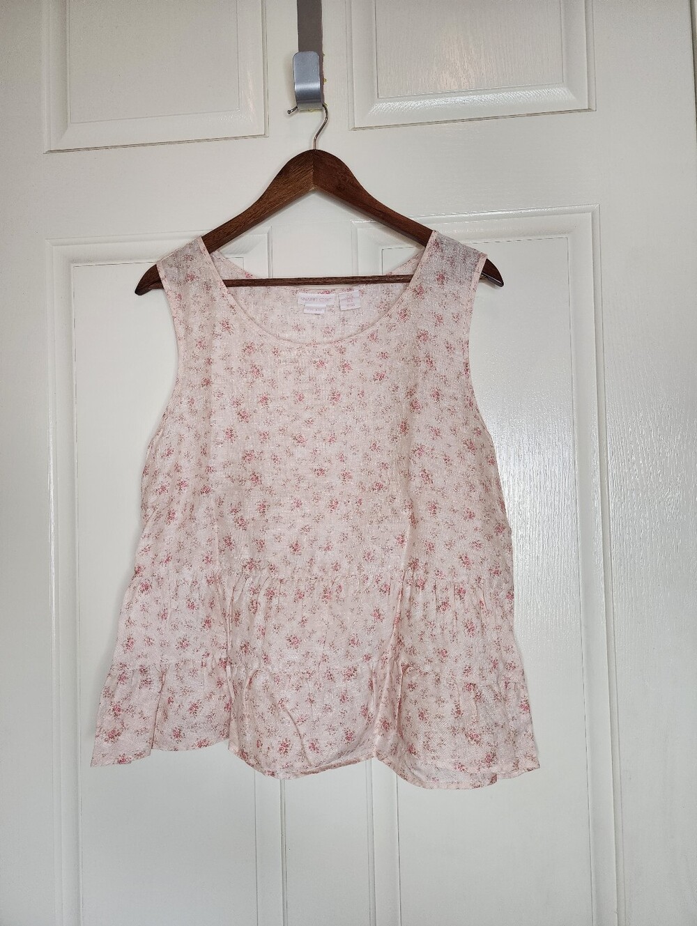 Shabby Chic Pink Cottage Floral Sleeveless Linen Tiered Blouse Medium